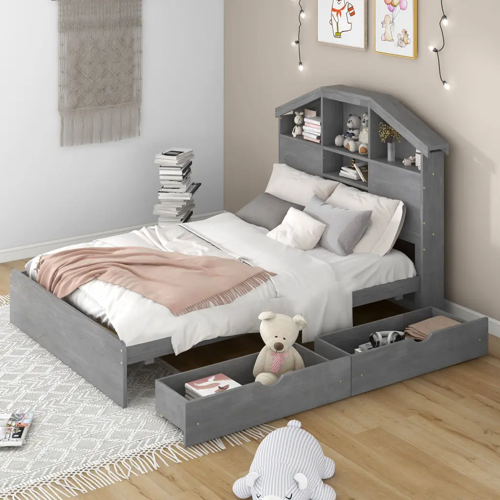 Full Size Wood Platform Bed Storage Headboard and 2 Drawers wm store