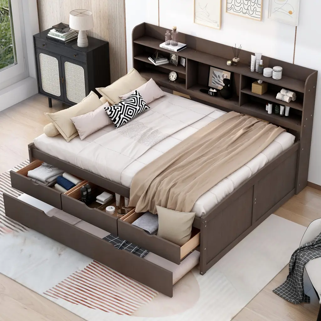 Full Size Wooden Captain Bed Built- Bookshelves and Three Storage Drawers wm store
