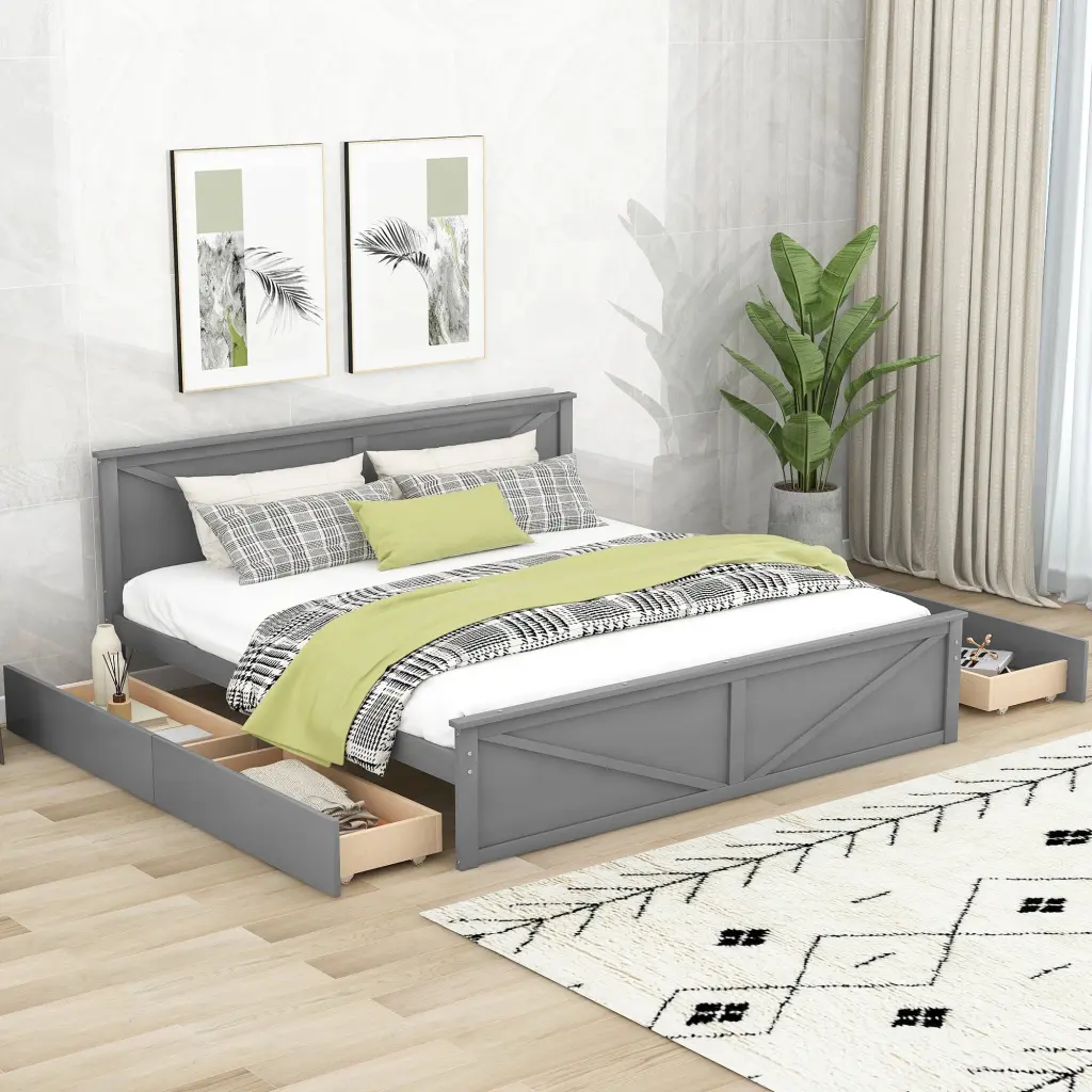 King Size Wooden Platform Bed Four Storage Drawers and Substantial Support wm store