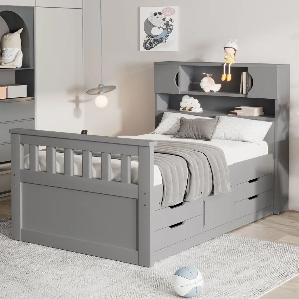 Twin Size Captain Platform Bed Frame Storage Bookcases and Shelves wm store