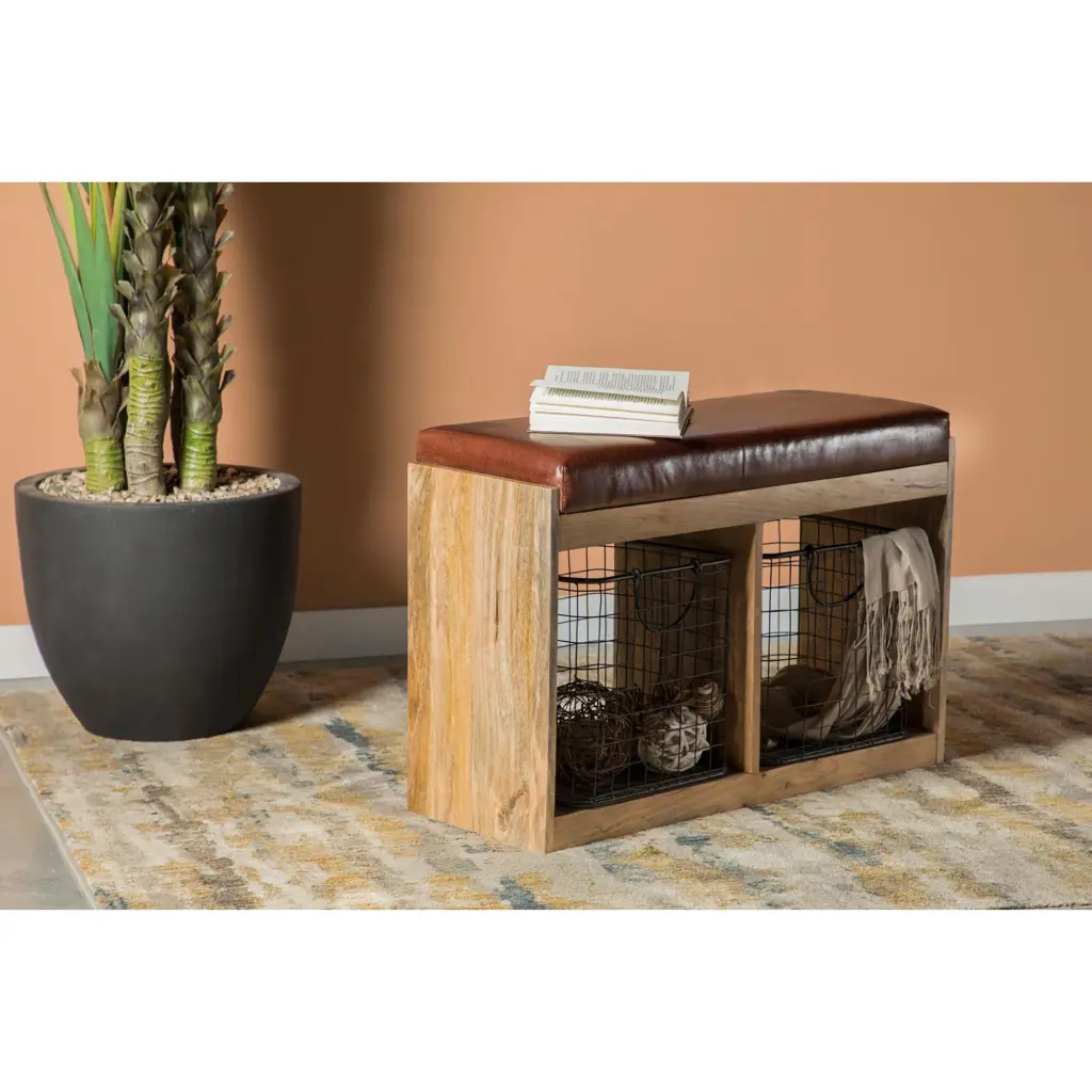 Brown And Natural 2 Bin Accent Bench Brown Primary Living Space Storage Furniture furniture max