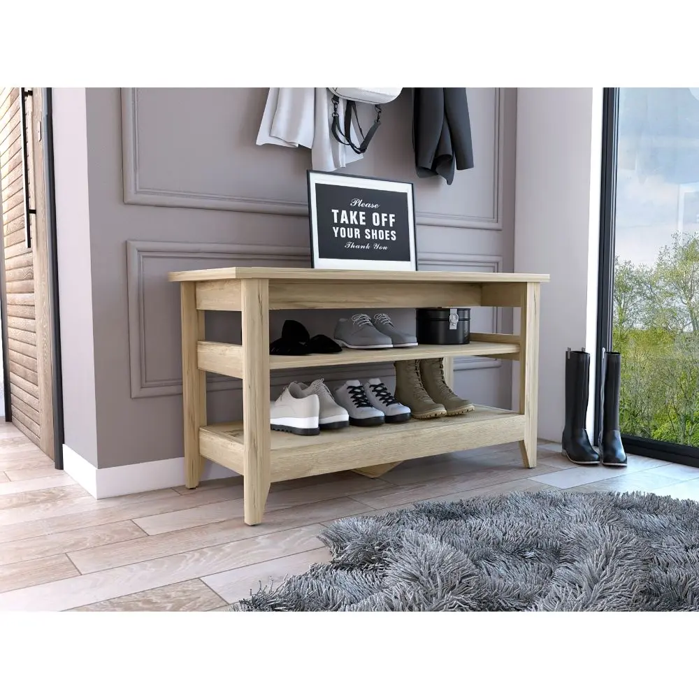 Light Oak 2 Shelf Rectangle Storage Bench Light Oak Particle Board furniture max