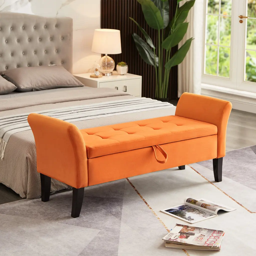 51.5 Bed Bench Storage Orange Velvet Foam Upholstered Seat hdf store