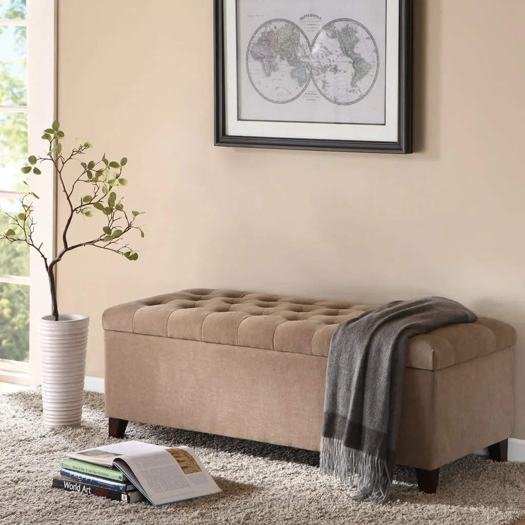 Tufted Top Soft Close Storage Bench Sand Polyester Upholstery jla