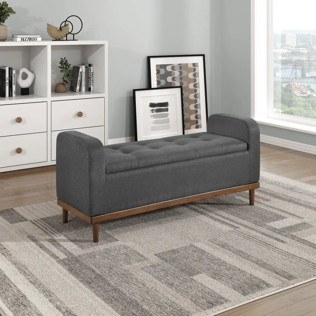 Mid Century Modern Lift Top Storage Bench Tufted Dark Gray kanepe