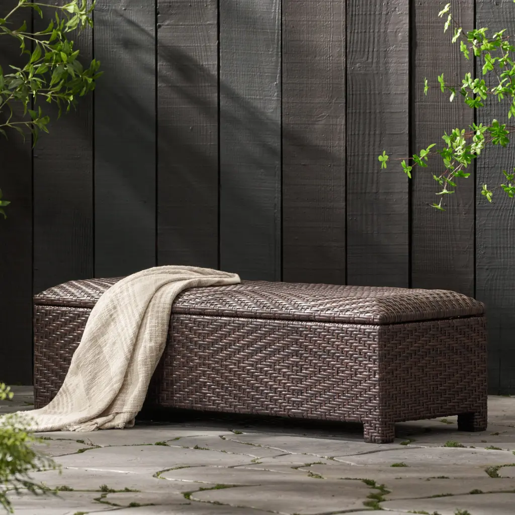 Santiago PE Wicker Storage Bench Brown Multi Rattan Outdoor Patio Furniture Hidden Storage nh-gardenpara