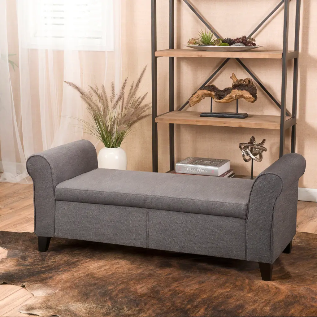 Hayes Armed Storage Bench Gray Fabric Upholstered Entryway Seating Hidden Compartment nh-perfect home