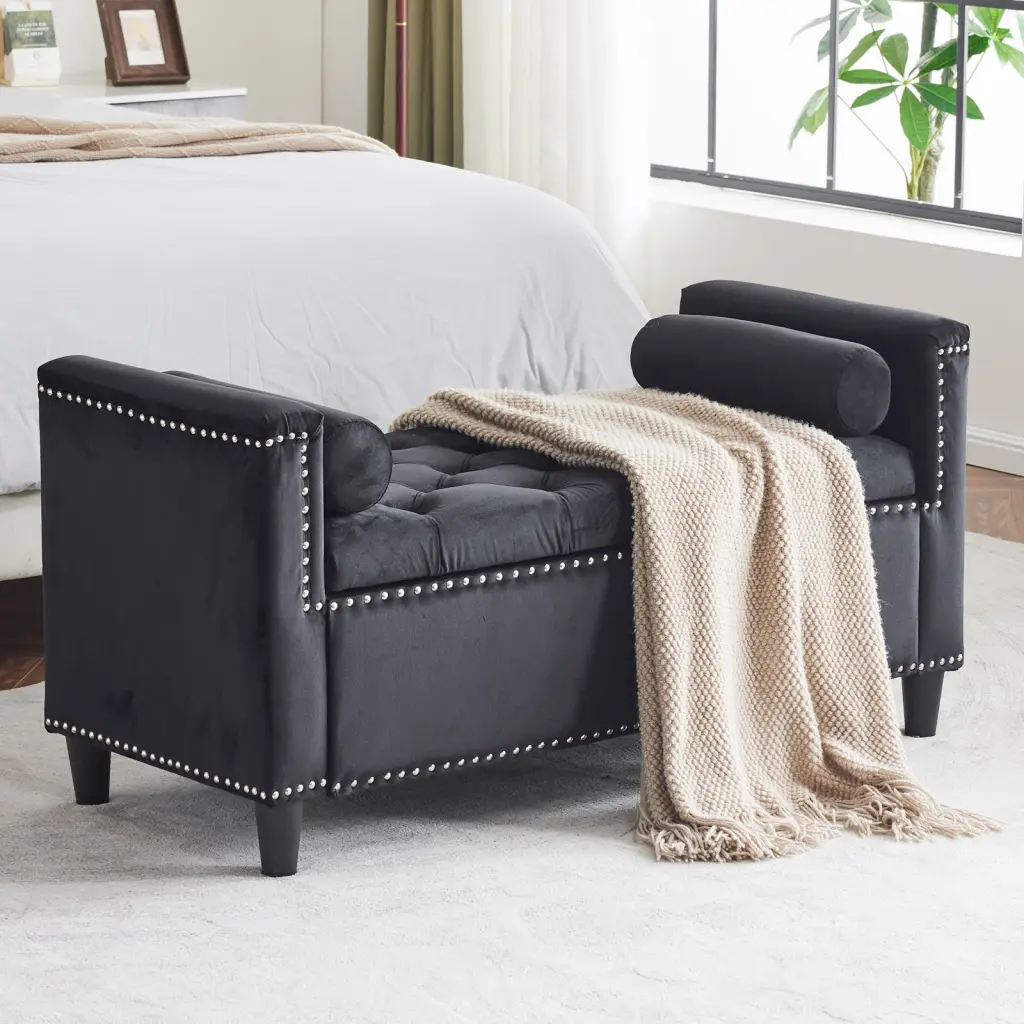 44.5 Inch Queen Velvet Button Storage Bench Entryway or Bedside rnb