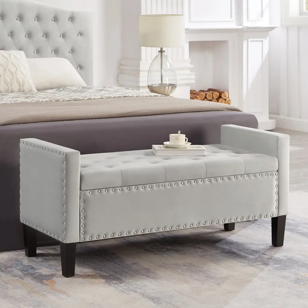 Upholstered Tufted Button Storage Bench Nails Trim Entryway Living wm home furniture