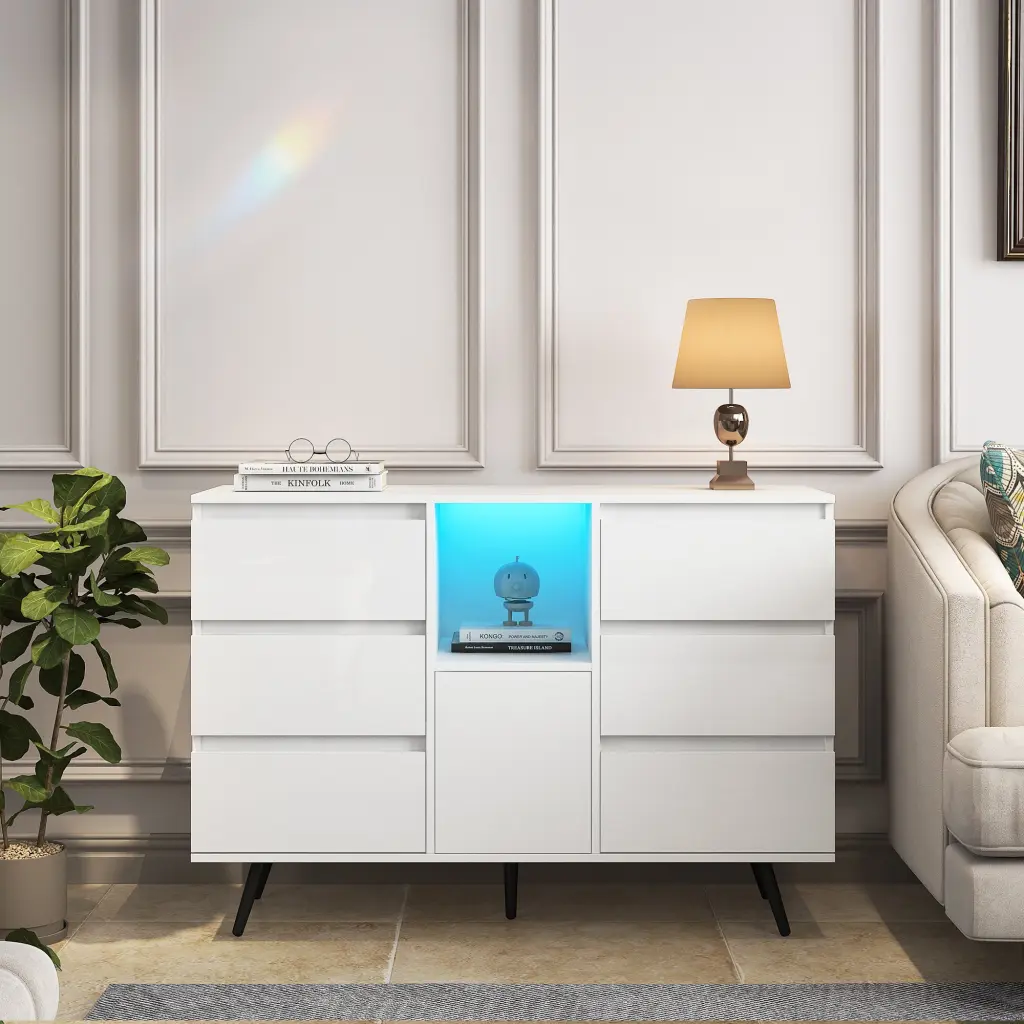 White High Gloss Living Room Sideboard Storage Cabinet LED Light Modern Furniture dasenwood