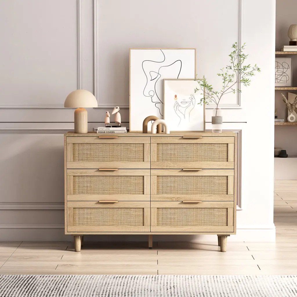 43.31 Inch 6 Drawers Rattan Storage Cabinet Rattan Drawer Bedroom Living spribung