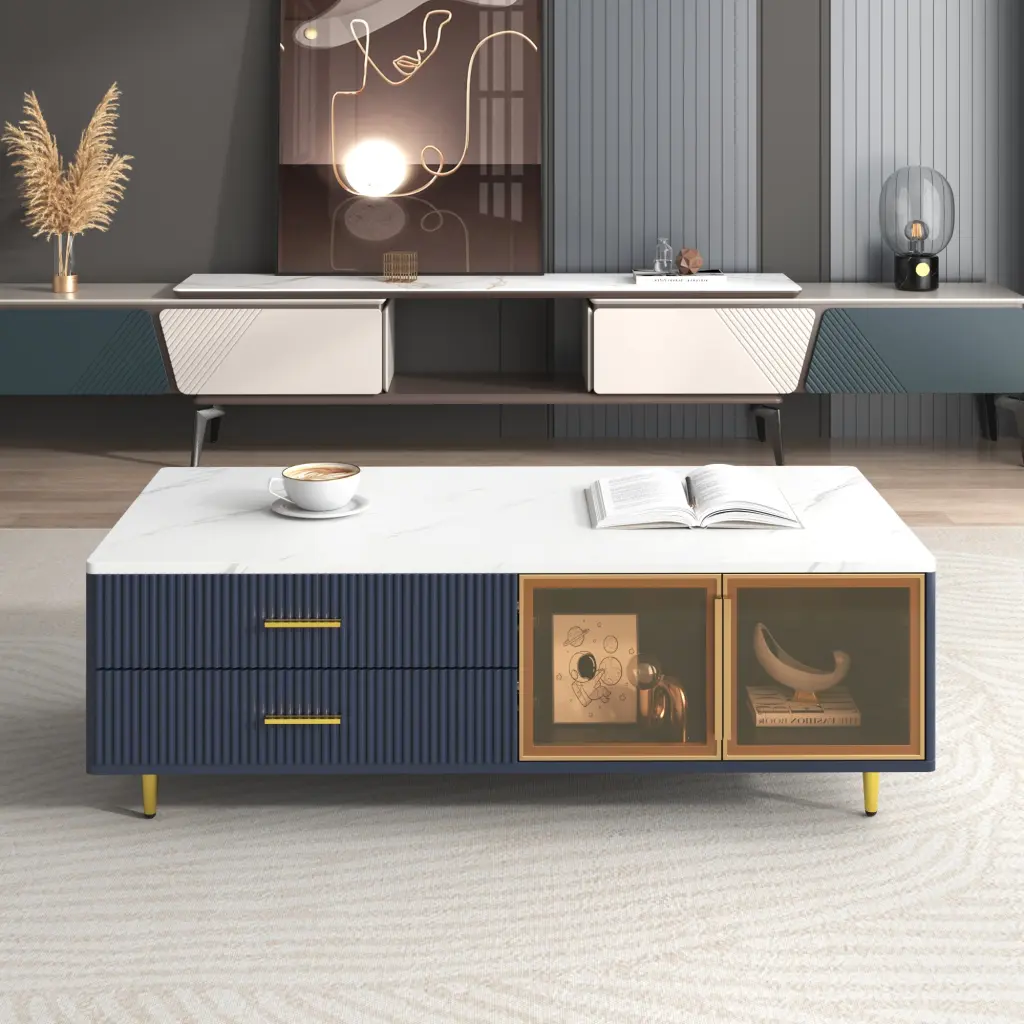 Modern Navy Blue Coffee Table 2 Glass Doors and 4 Drawers Gold Accents rnb