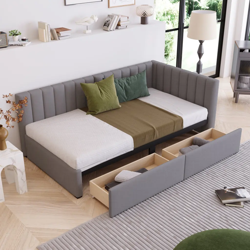 Upholstered Daybed 2 Storage Drawers Twin Size Sofa Bed lucky furniture