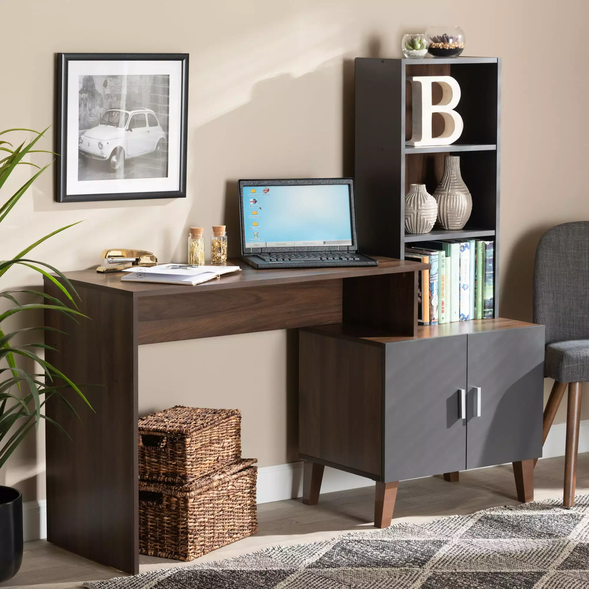 Baxton Studio Jaeger Modern Two-Tone Walnut Brown and Dark Grey Wood Storage Desk Shelves