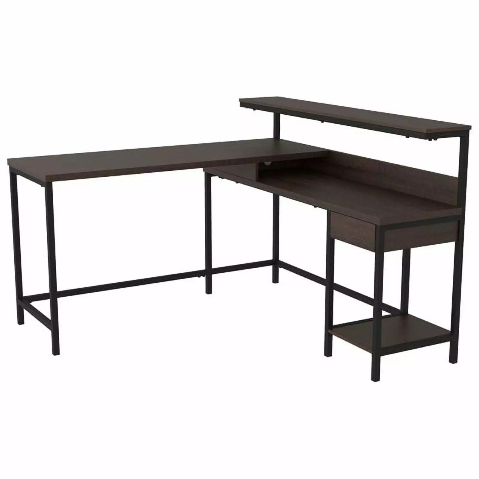 Bowery Hill Engineered Wood L-Desk Storage Warm Brown Spacious Office