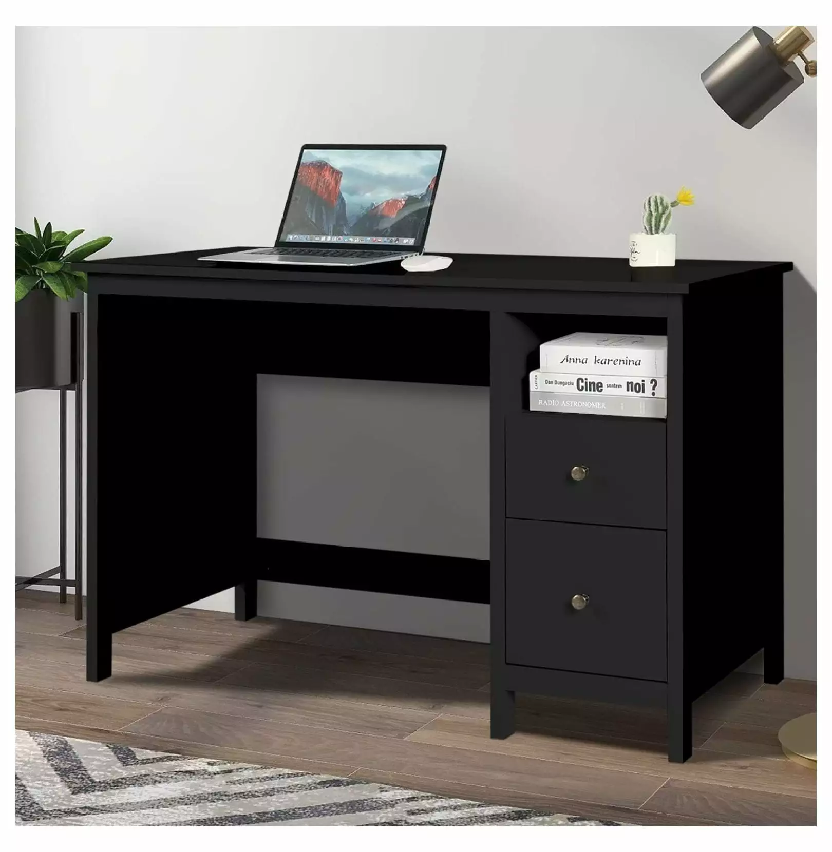 Drevy Writing Desk Storage Cabinet - 47.2 Inch Black Modern Wood Home Office Desk 2 File Drawers