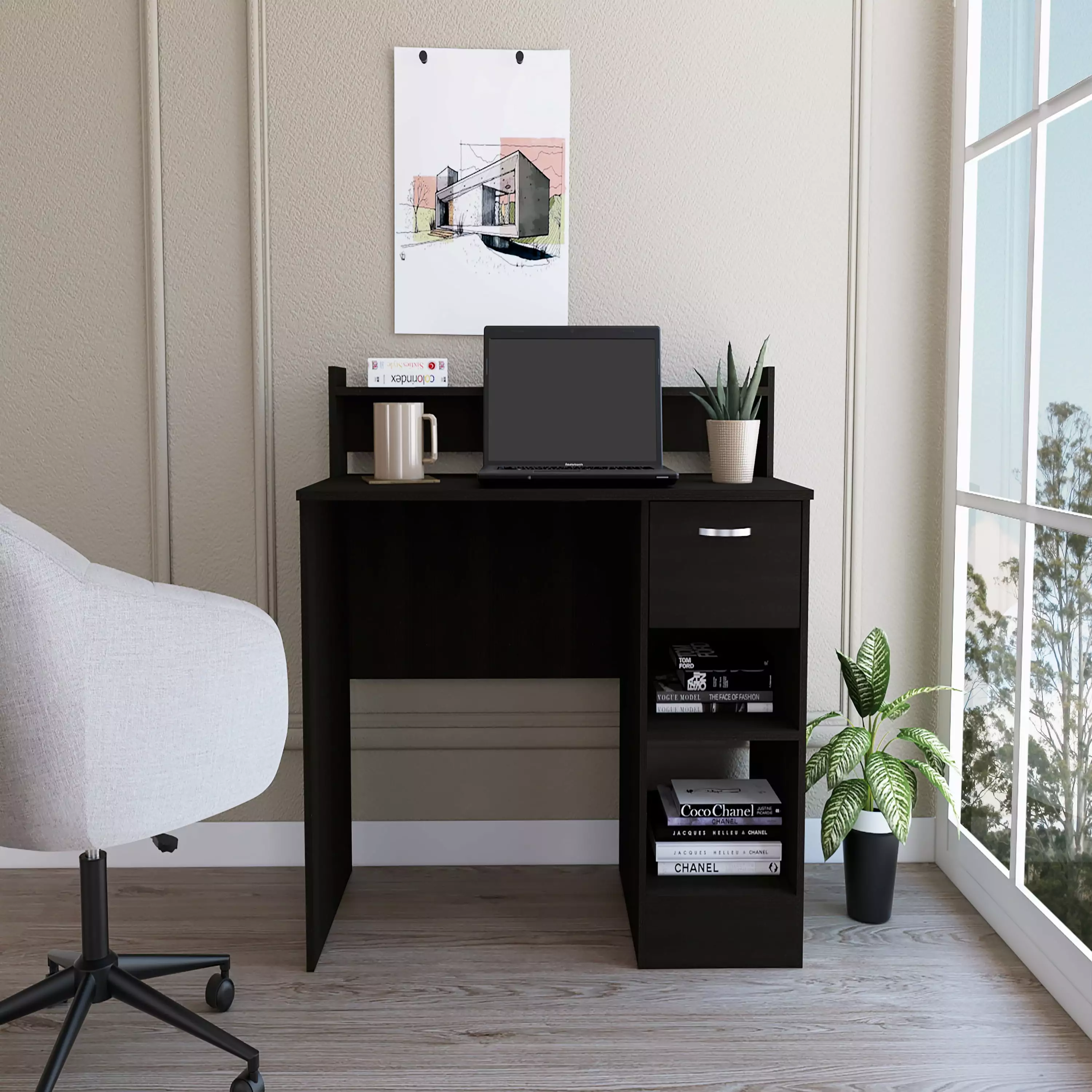 Computer Desk Top Open Shelf 1 Drawer and 2 Storage Shelves Black SMHZ