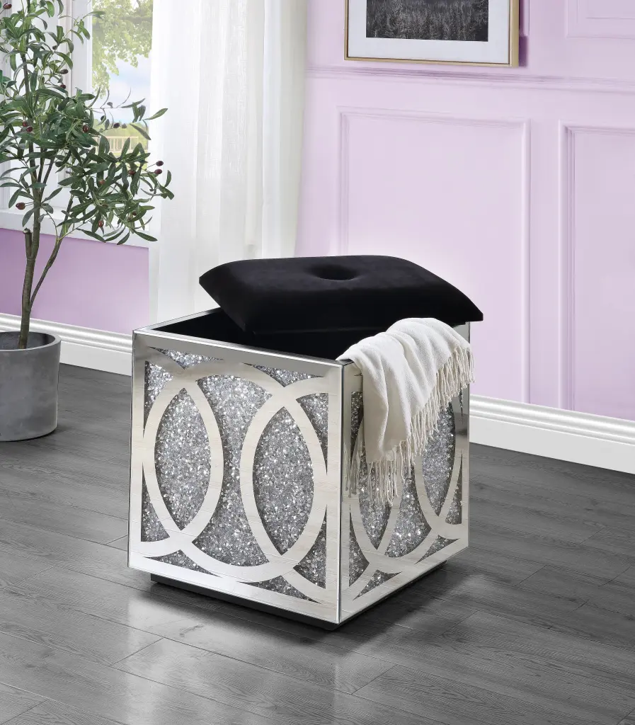 Noralie Ottoman Storage Mirrored And Faux Diamonds Silver Glass acme onsite store