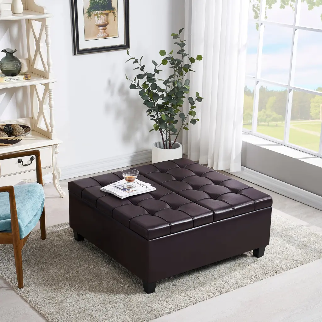 Large Square Faux Leather Storage Ottoman Coffee Table Living Room hdf store