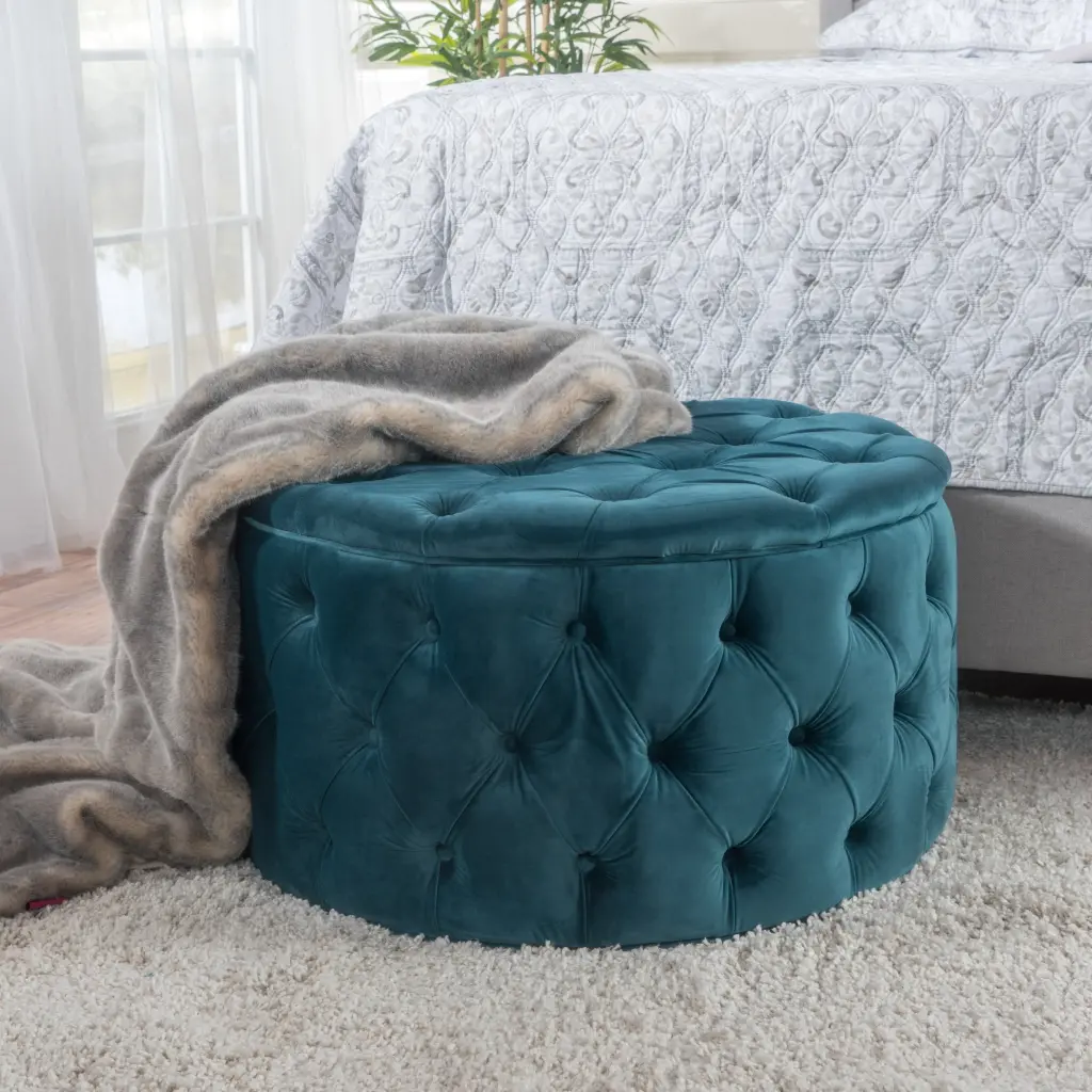 Ottoman Teal Velvet Storage Footstool Living Room nh-an