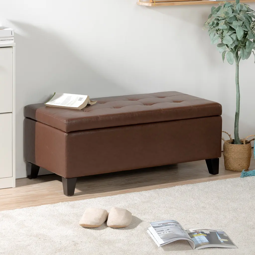 Storage Ottoman Wooden Legs Faux Leather Ottoman Storage Foam Seat rnb