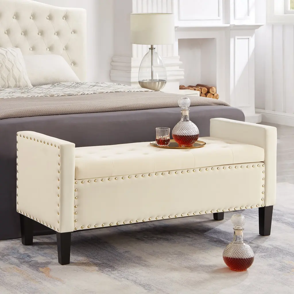 Upholstered Tufted Button Storage Bench Nails Trim Entryway Living wm home furniture
