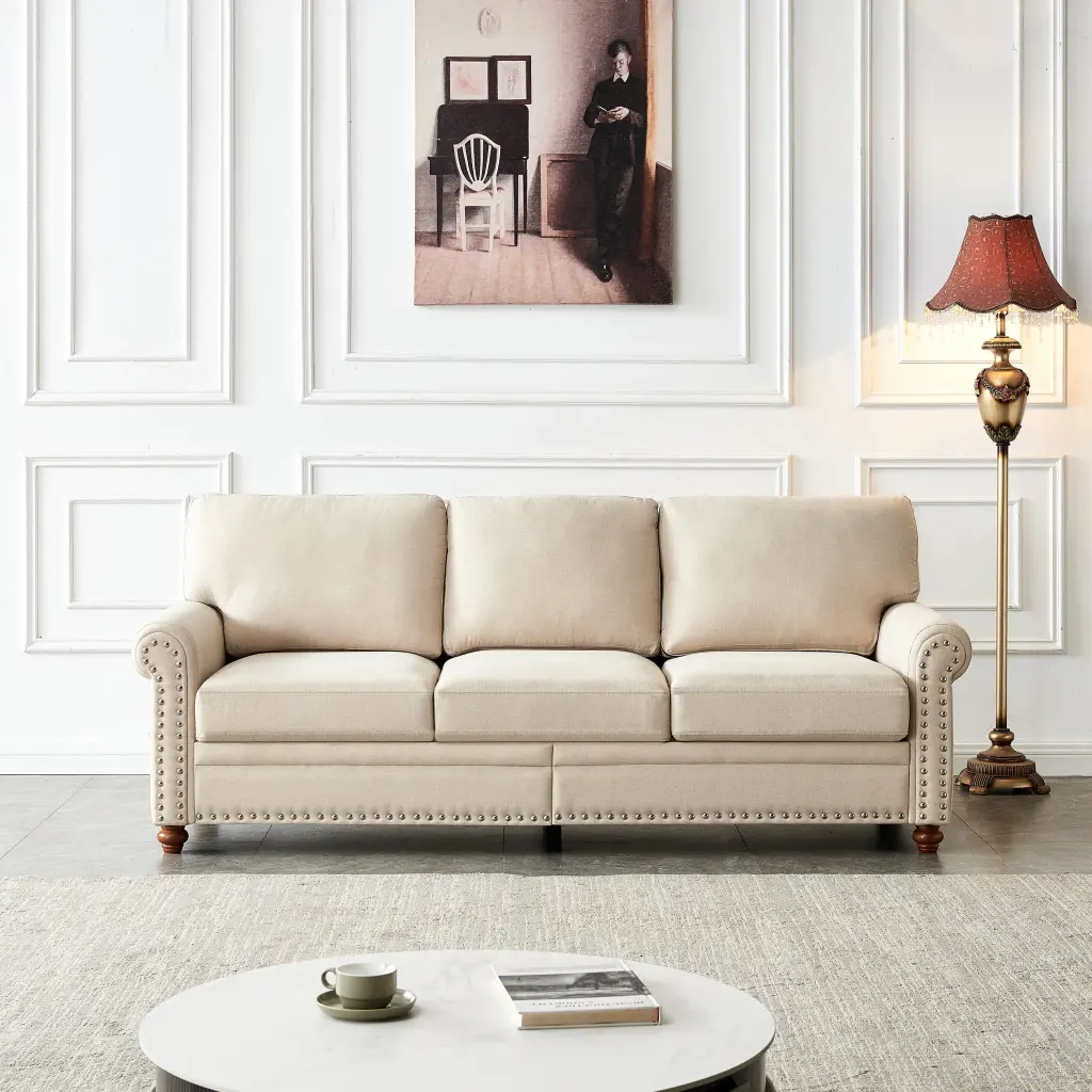 Linen Fabric Upholstery Storage Sofa Beige Foam Fabric Living Room Couch hdf store