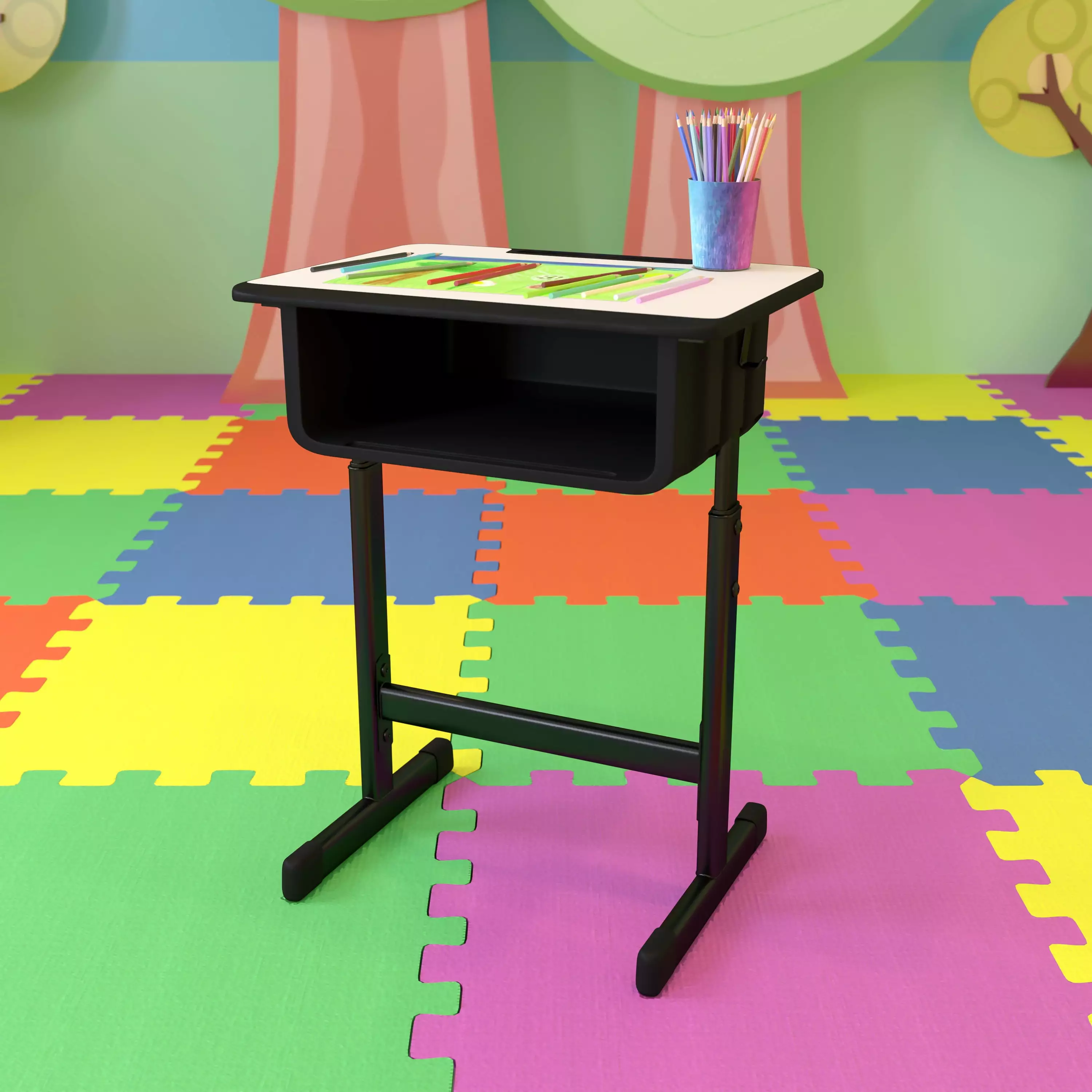 Emma + Oliver Grey Student Desk Adjustable Height Black Pedestal Frame