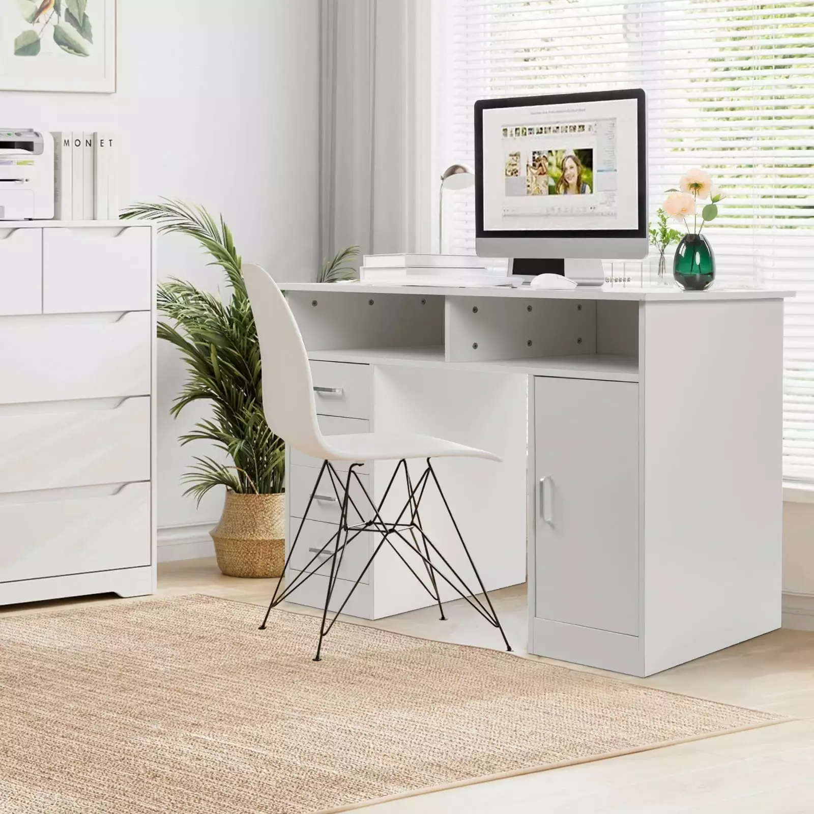 GoDecor Computer Desk 4 Drawers PC Gaming Desk Student Writing Study Table White FCH