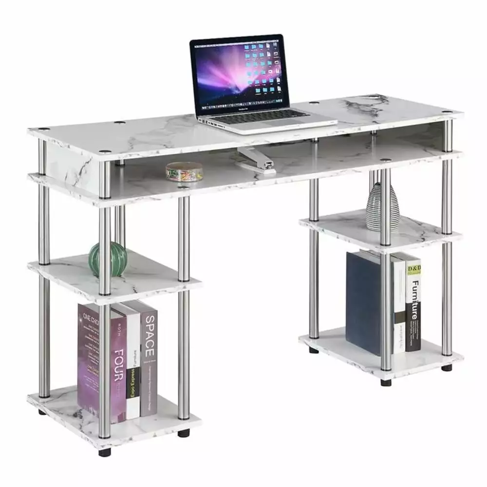 Pemberly Row No Tools Student Desk White Faux Marble Wood Finish