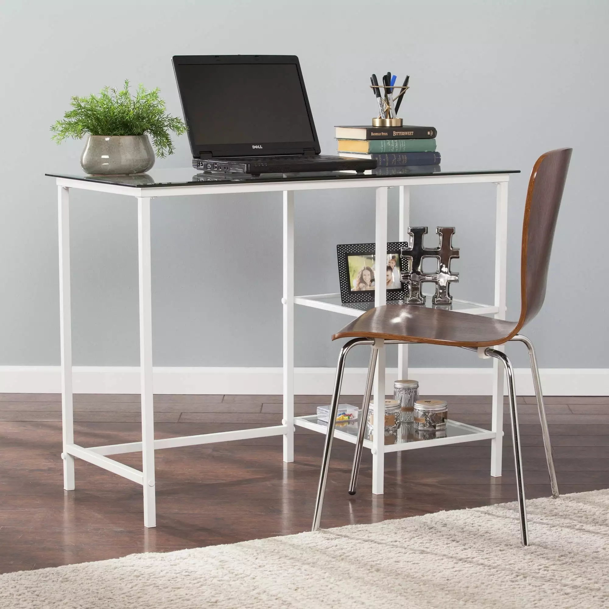 Southern Enterprises Laykin Metal/Glass Student Desk White Compact Study Desk