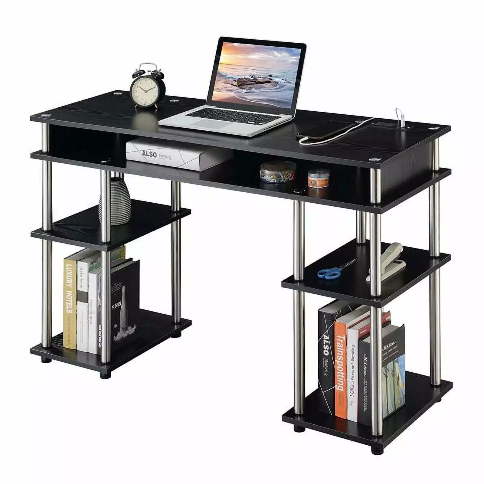 UrbanPro Contemporary Student Desk Charging Station Black Wood Finish