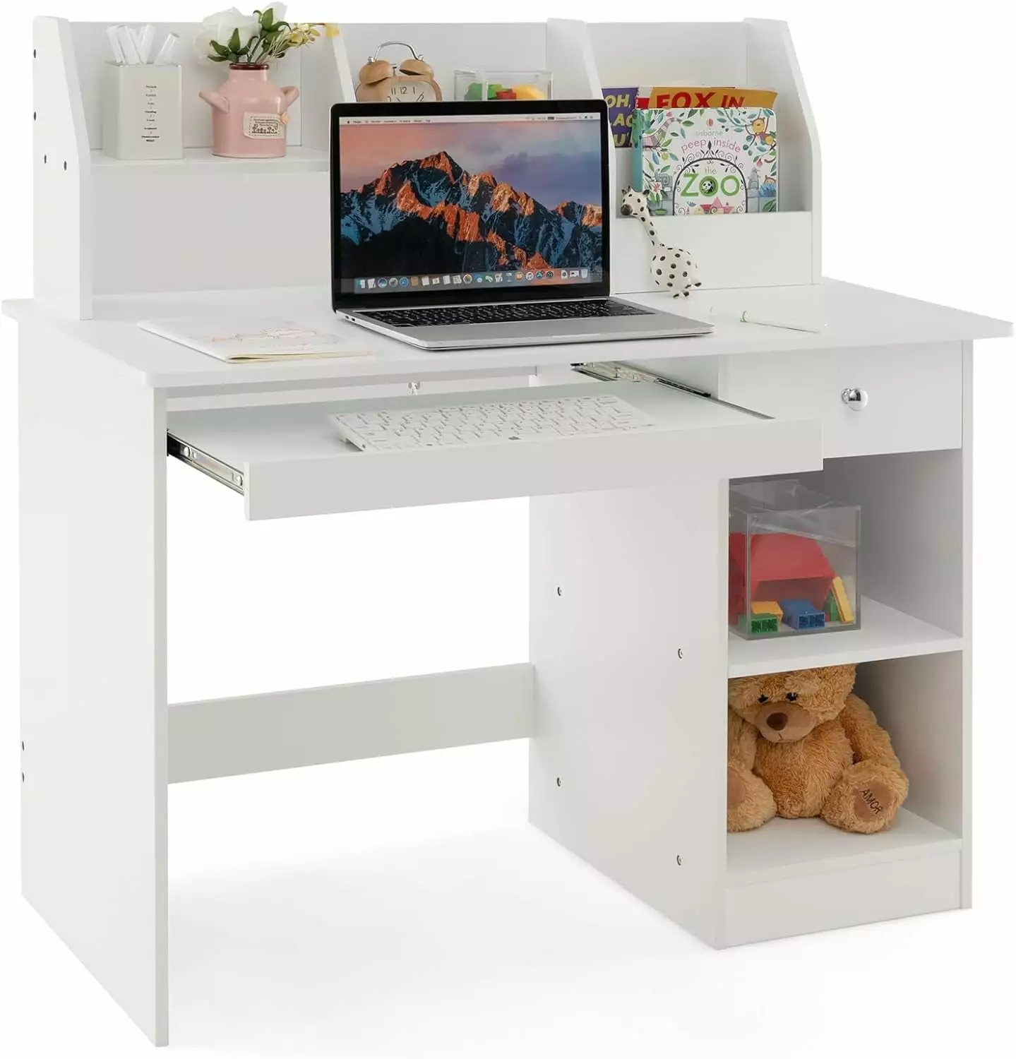 Study Desk Wooden Writing Table Keyboard Tray Hutch Drawer Shelves Anti-toppling Kit White Computer Desk Home School VRTFG