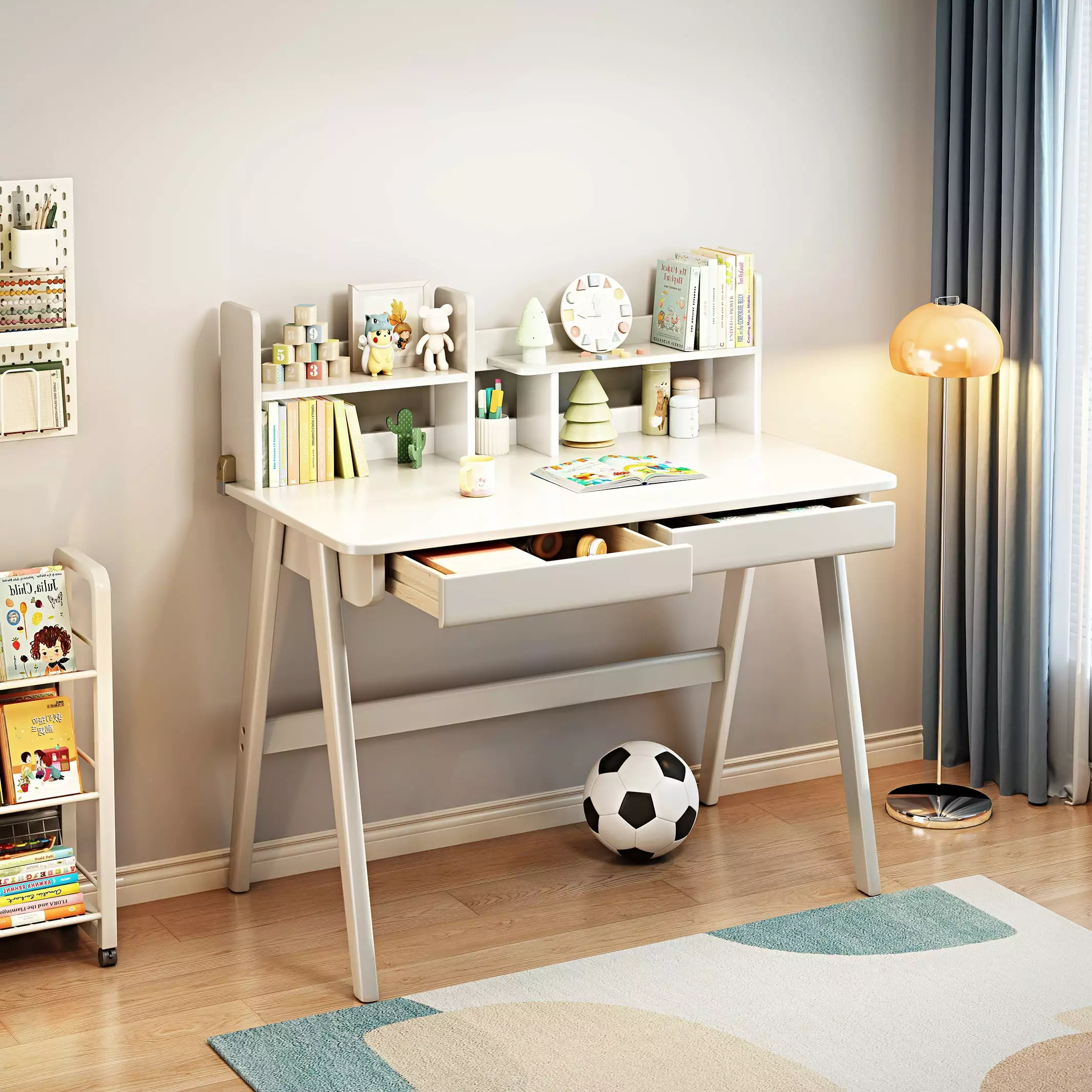 BALANBO 39.4 Inch White Kids Desk Drawer and Bookshelf