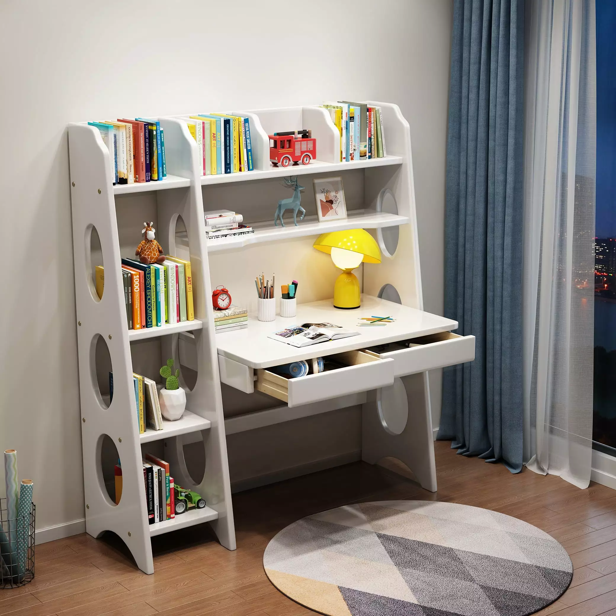 BALANBO Kids Desk Kids Table Drawers and Bookshelf - White Wooden Student Learning Desk