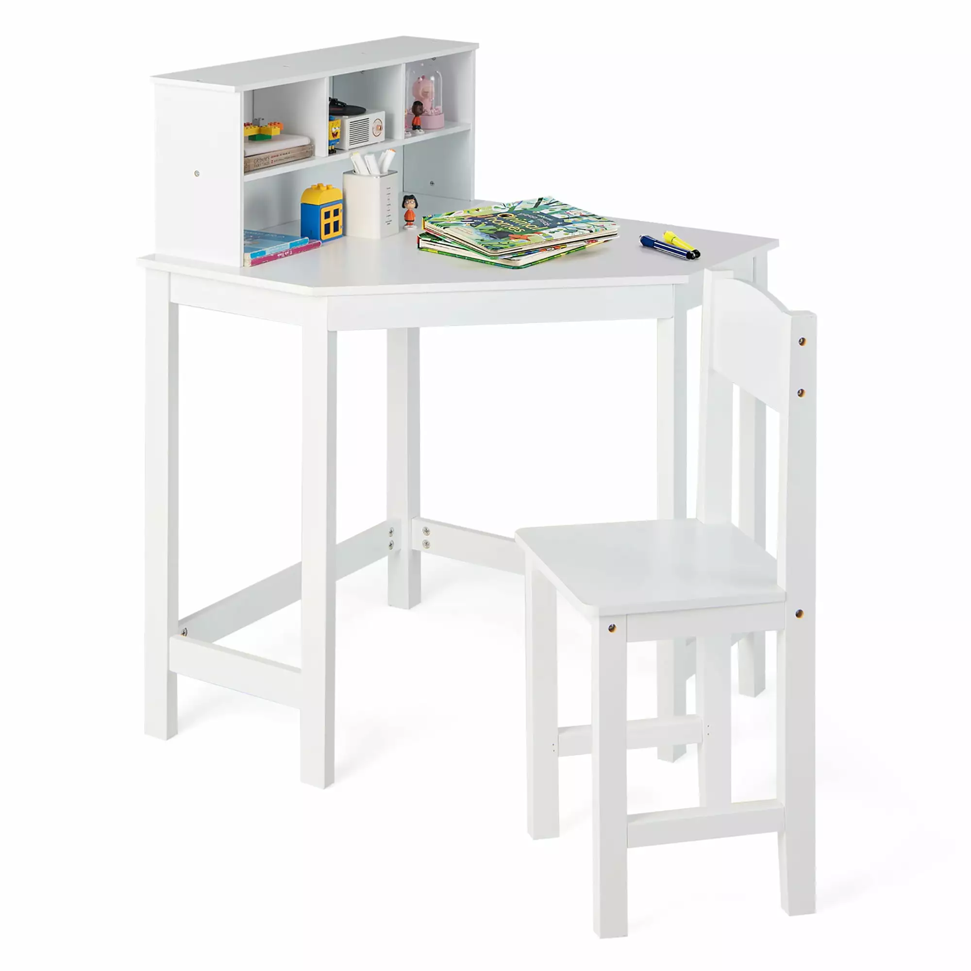 Costway Kids Corner Desk and Chair Set Storage Hutch Wooden Study