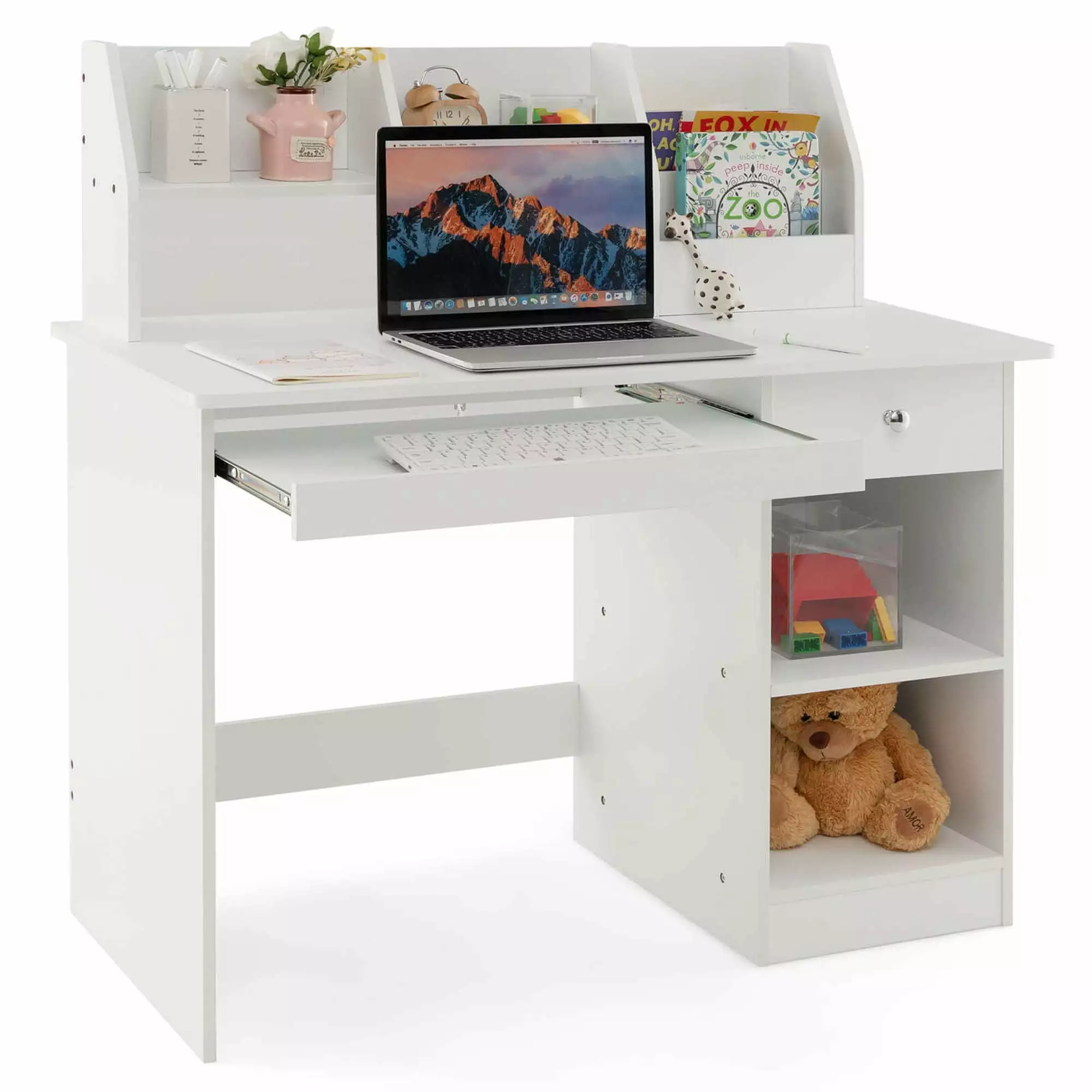 Costway Kids Study Desk Children Writing Table Hutch Drawer Shelves & Keyboard Tray