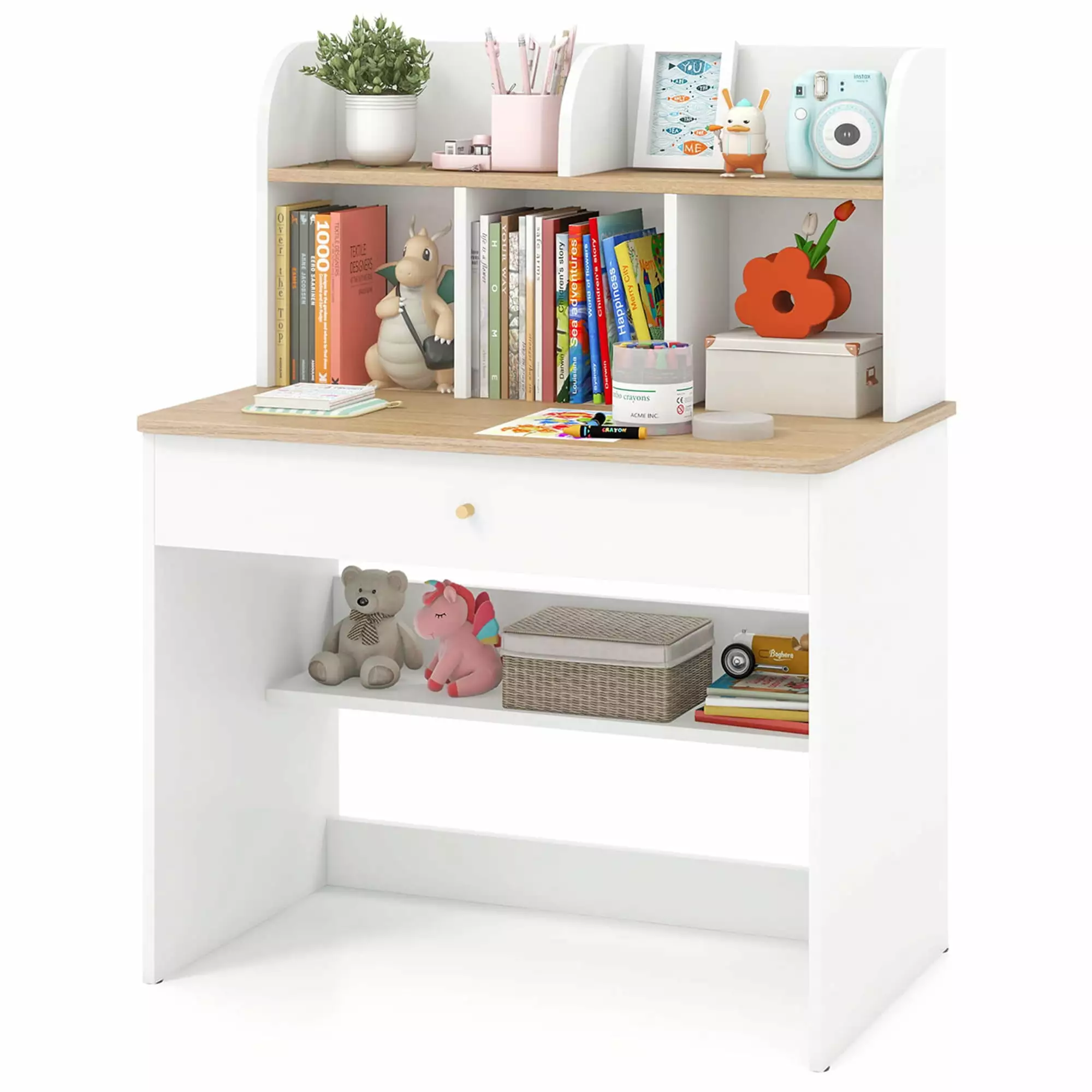 Costway Kids Wooden Study Desk Children Writing Table Hutch Drawer White