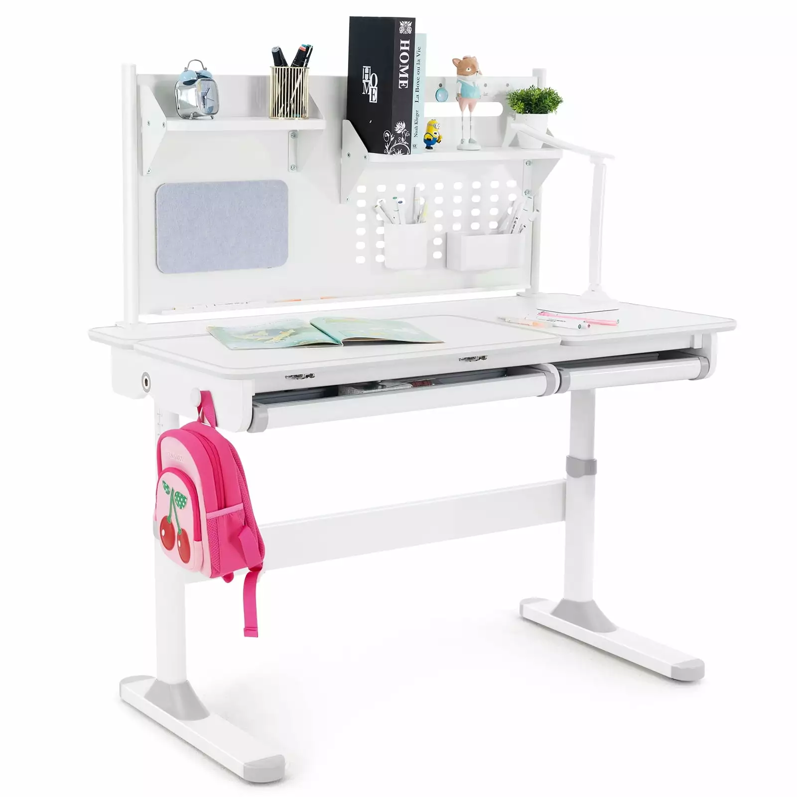 COSVALVE 47 Wide Adjustable Kids Desk Gray Ergonomic Study Table Bookshelves LED Lamp Tilt Desktop 2 Drawers
