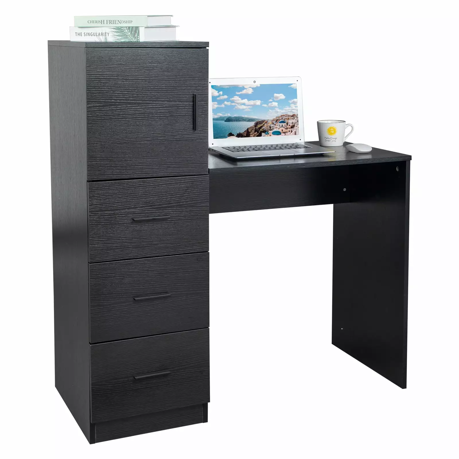 SamyoHome Computer Desk 2 Power Outlets USB 5 Drawers Study Writing Table Black FCH