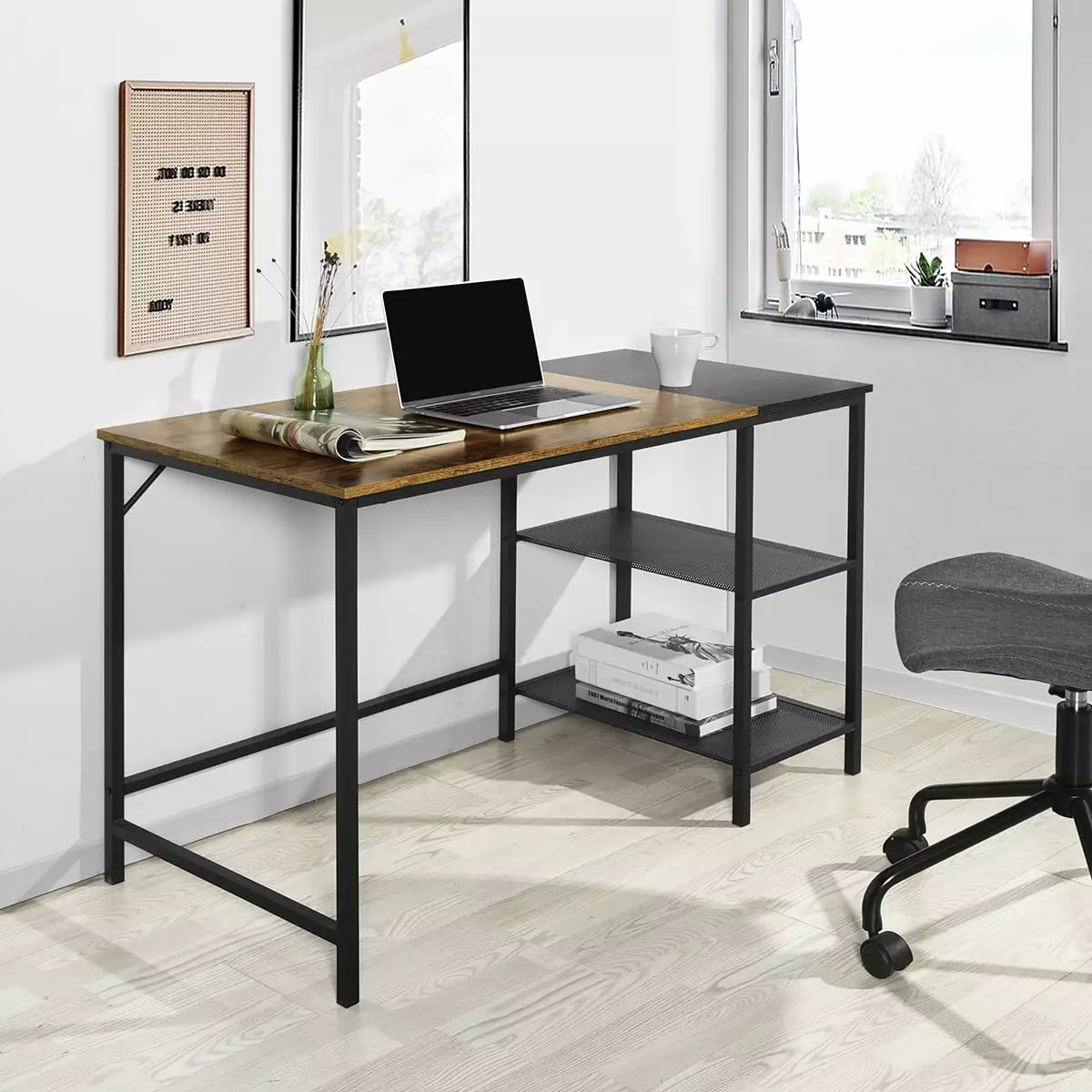 Homylin Study Desk 2 Storage Shelves Black Decor Metal Frame Brown