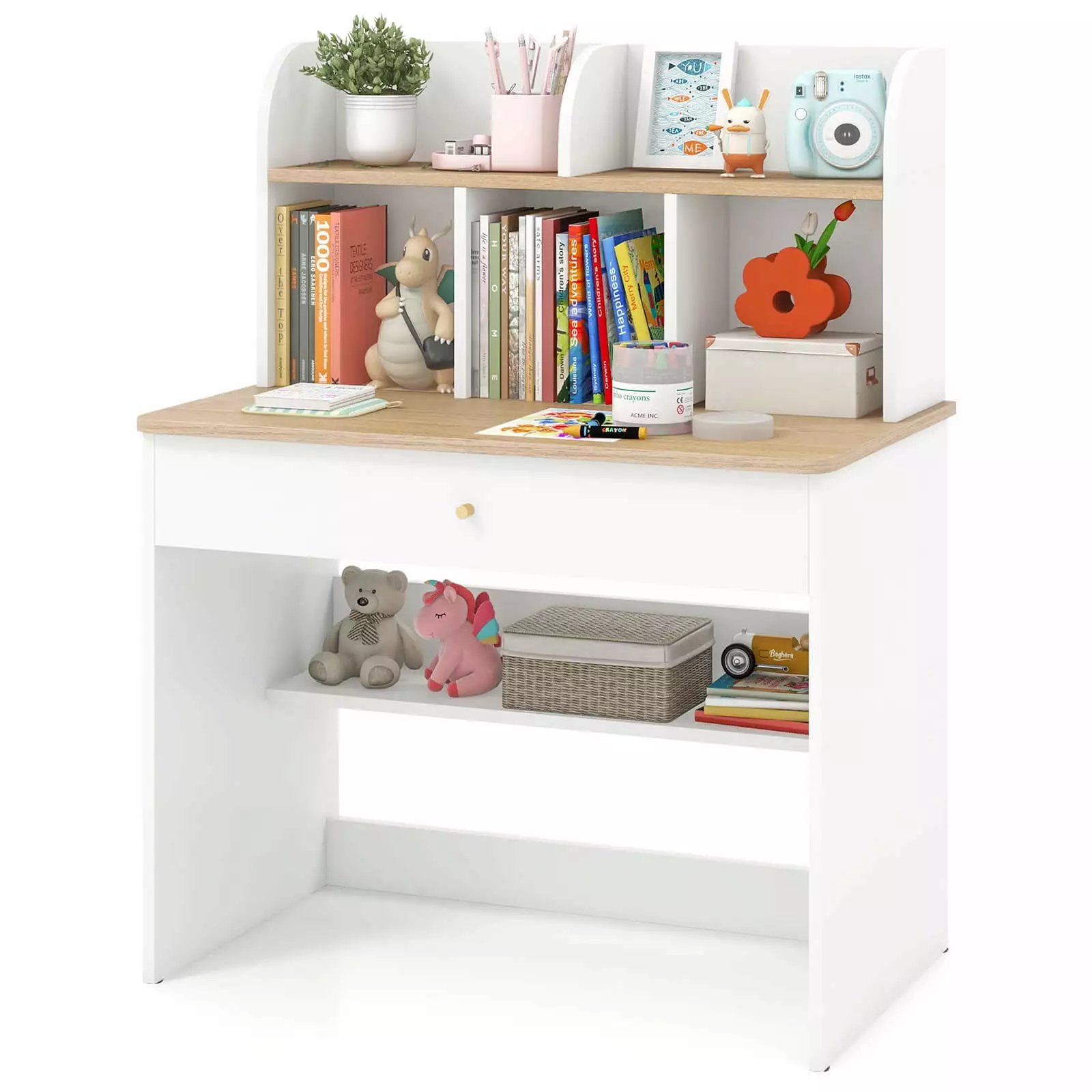 White Infans Kids Wooden Study Desk Hutch and Drawer Children Writing Table