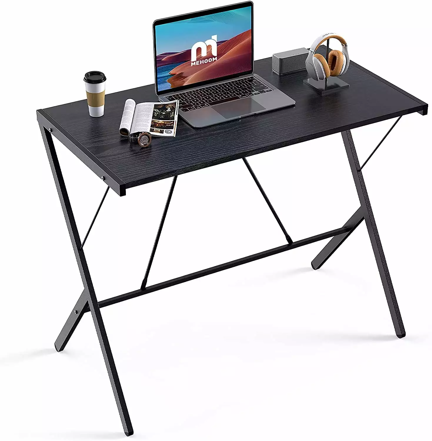 Mehoom Modern Metal Study Desk Home Office Black 35.4 Inch Compact Writing Table