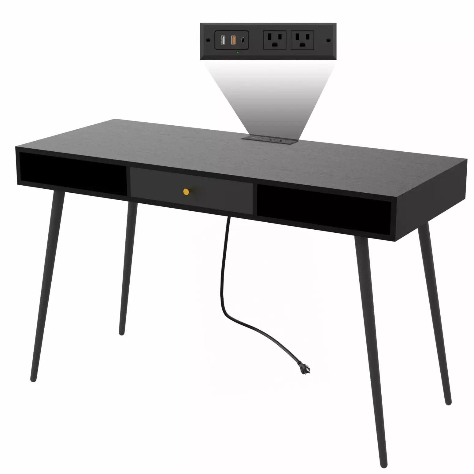 Black Mid-Century Modern Study Desk USB Ports and Power Outlet Home Office Ponnky