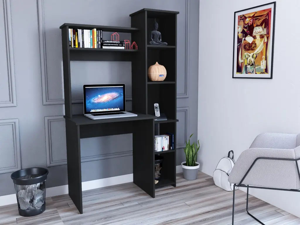 Logan Desk Five Cubbies Black Wengue Finish Black Particle Board Study Desk treevol furniture