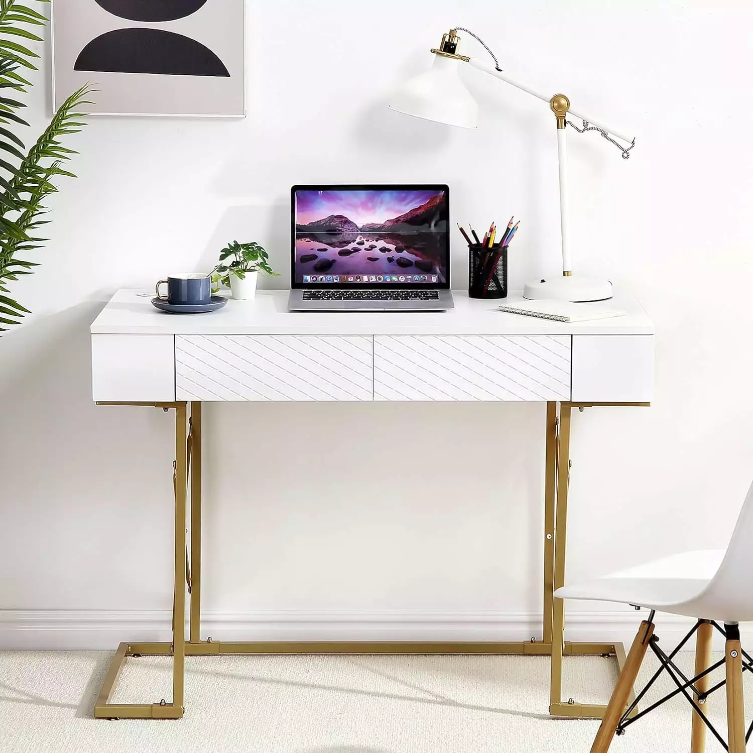 WhizMax 47-inch White and Gold Desk Storage Drawers Charging Station Modern Study Desk