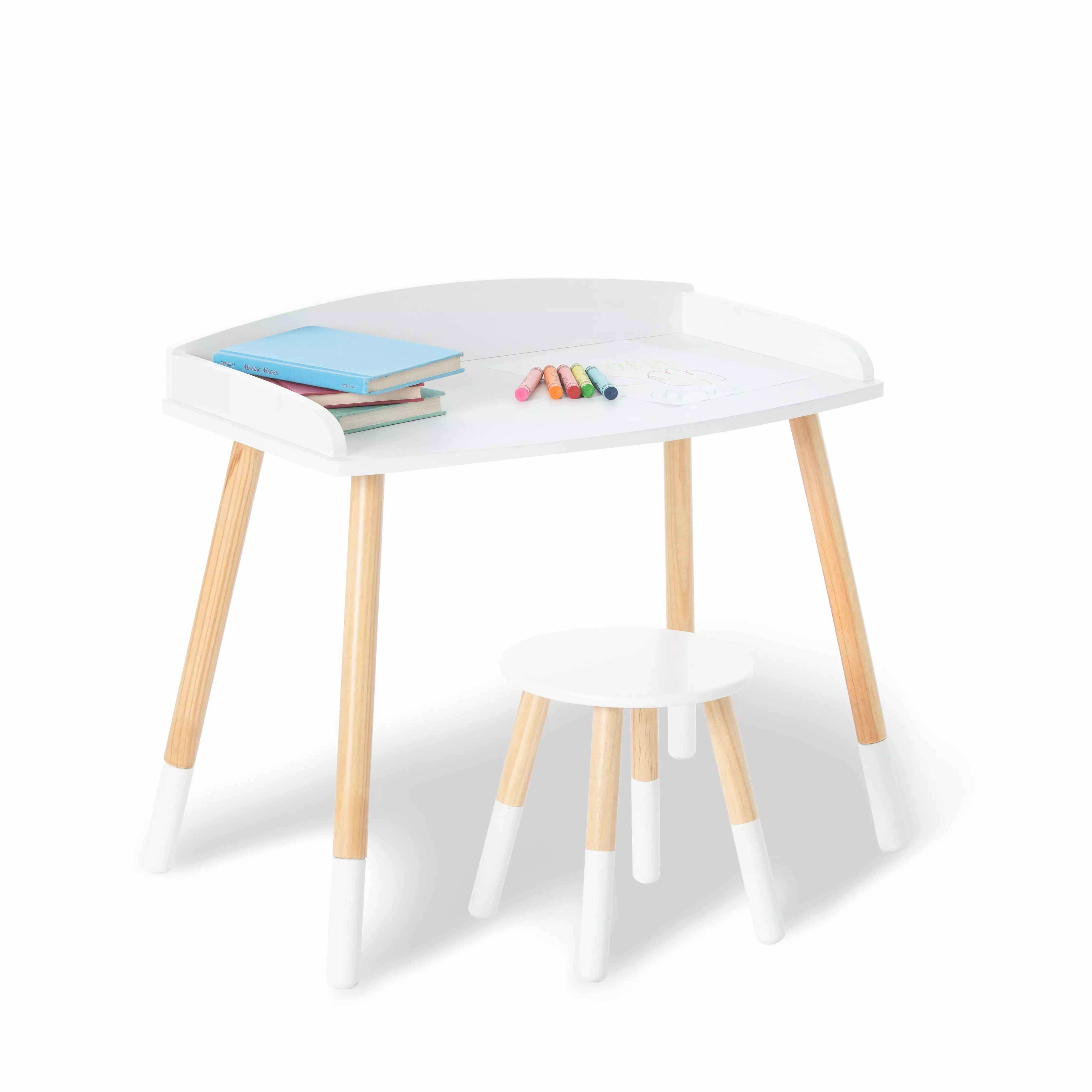 Modern Study Desk and Stool Set - White and Natural Finish Home Office Wildkin