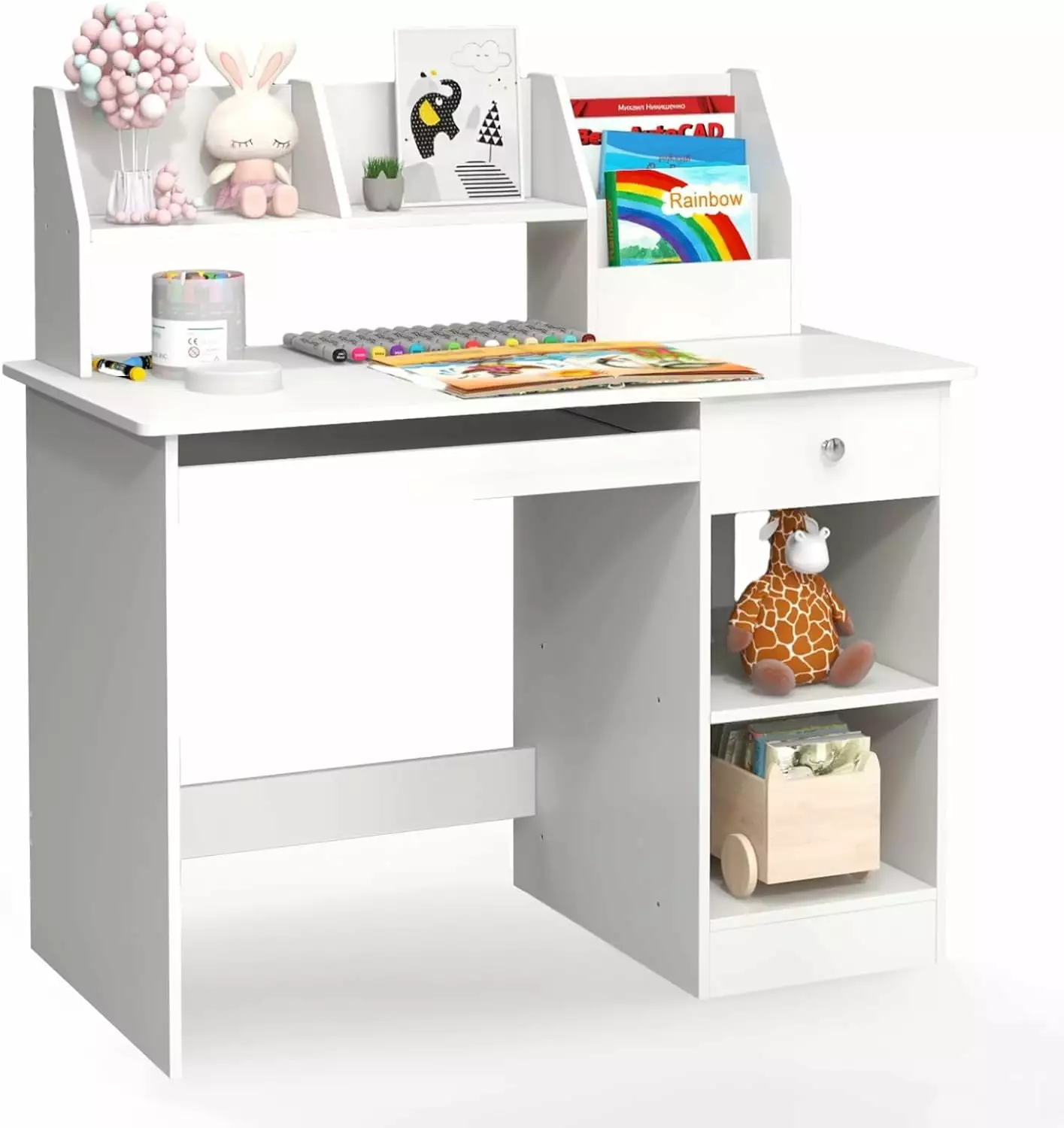Kids Study Desk Hutch, Bookshelf, and Keyboard Tray, White Children's Computer Desk YOJFOTOOU