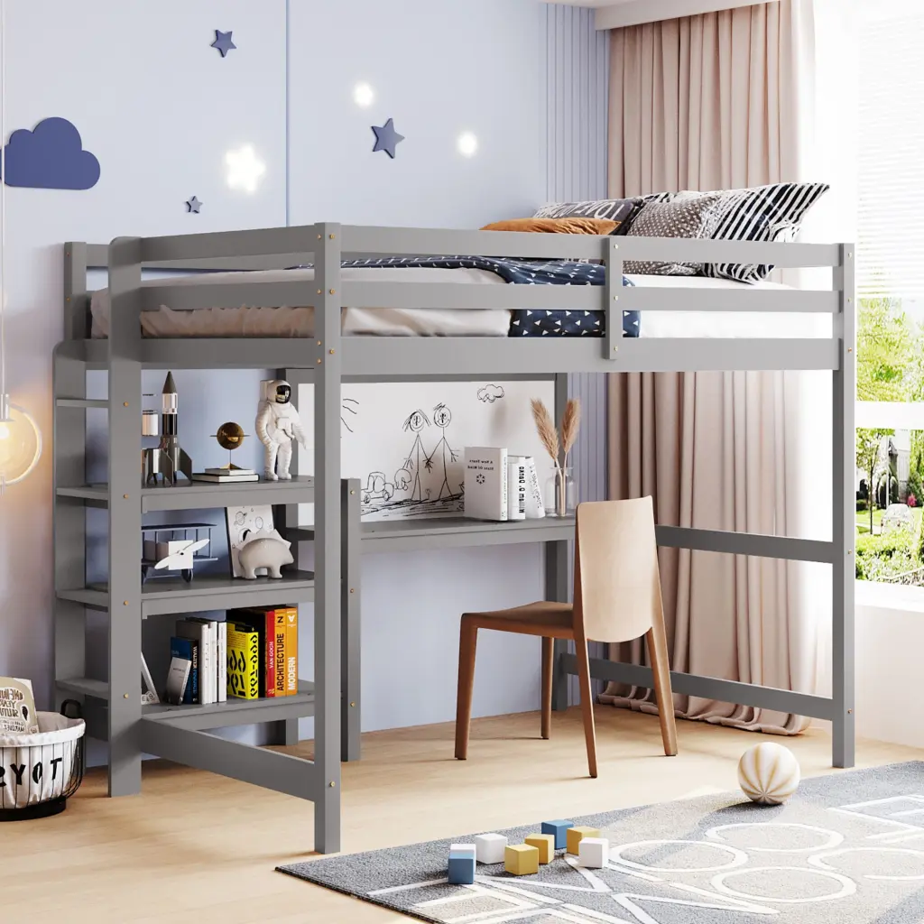 Full Size Wooden Loft Bed Shelves Desk and Writing Board Gray lucky furniture