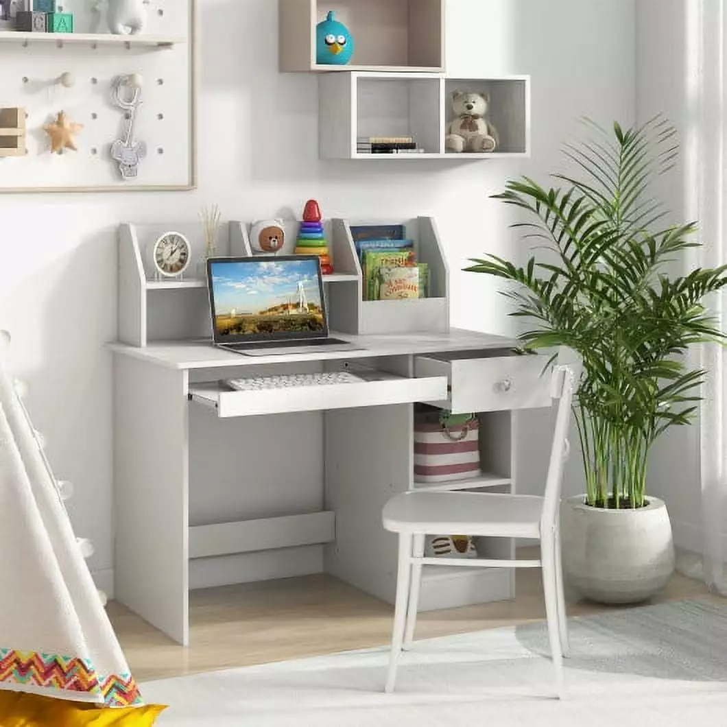 White Kids Study Desk Hutch Drawer Shelves and Keyboard Tray CostwayINC